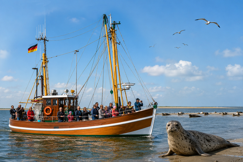 Seehunde auf einer Sandbank und Kutter auf der Nordsee